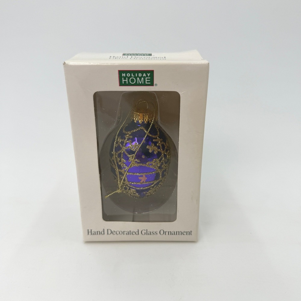 Holiday Home Purple Hand Decorated Glass Ornament Gold Glitter Filigree GFM89